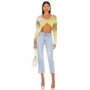 For Love & Lemons Celeste Twist Front‎ Crop Sweater In Green